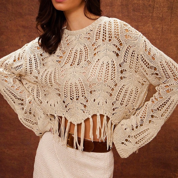 Boho Beige Crochet Semi Sheer Fringe Hem Cropped Long Sleeve Sweater Top - Picture 1 of 6